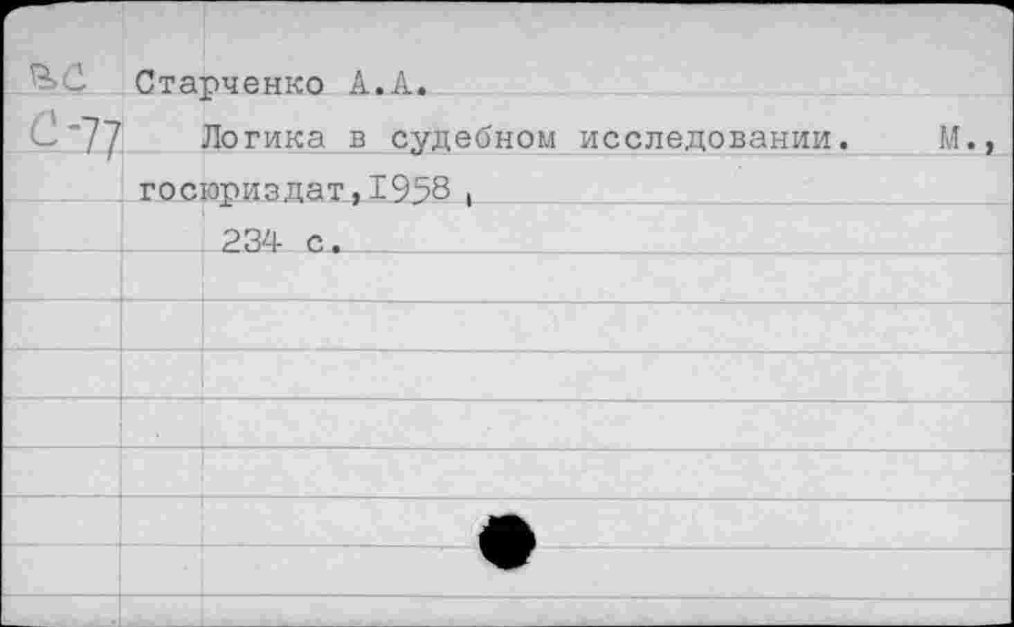 ﻿
Старченко А.А.
с’77
Логика в судебном исследовании.
госюриздат,1958 I
234 с.